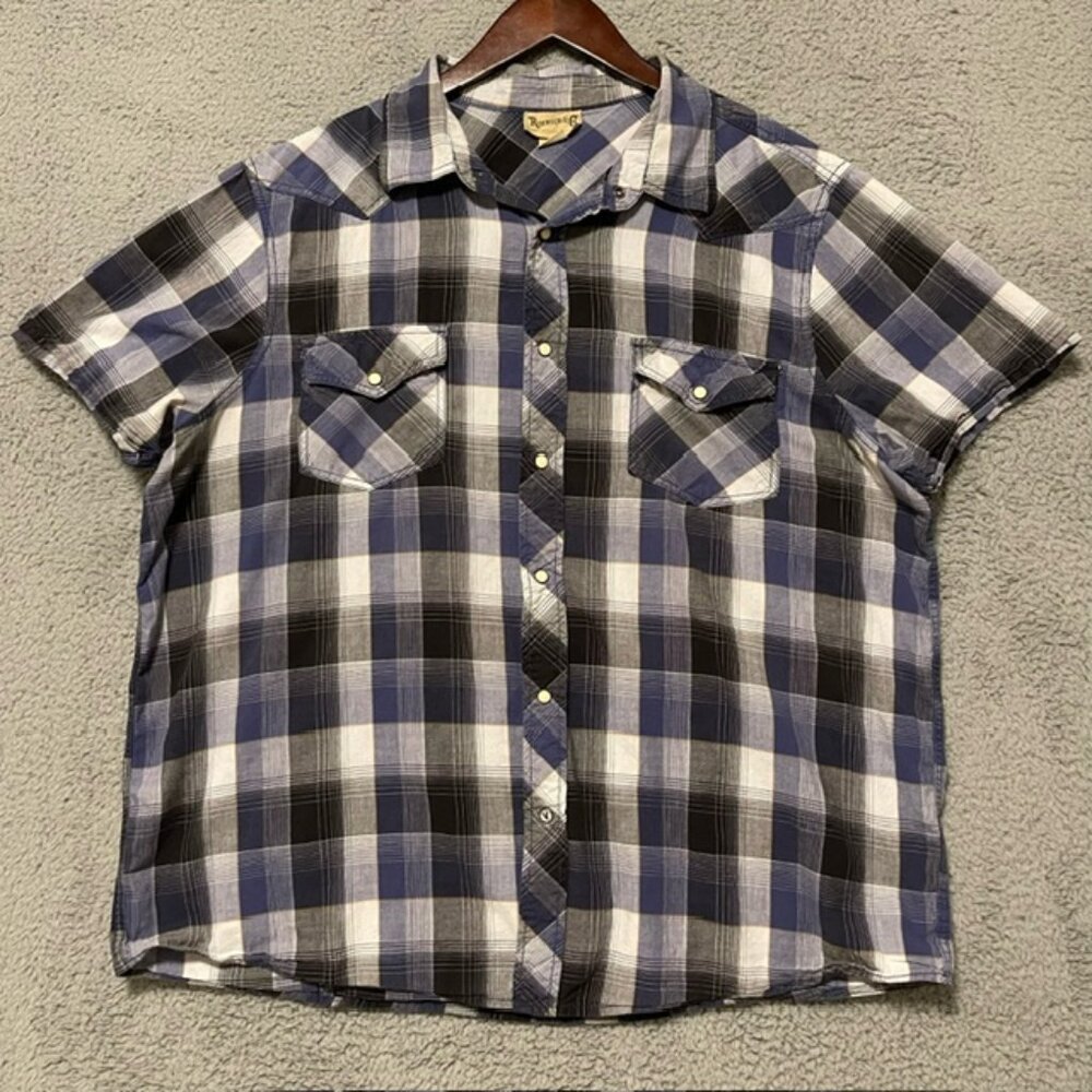 Roebuck & Co Mens 2XL XXL Shirt Blue Plaid Pearl Snap Short Sleeve Western Cool